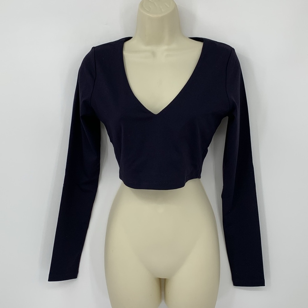 Susana Monaco Very V crop top shirt blouse midnight navy blue jersey knit new S